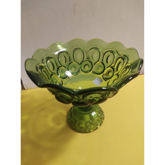 L.E. Smith Green Footed Compote Bowl Moon & Stars 6 5/8"H x 8"W - Picture 9 of 9